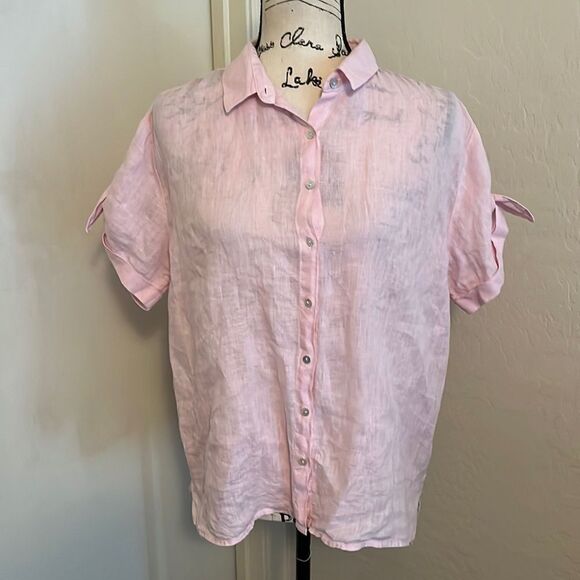 Cynthia Rowley Pink 💯 Linen Button Down Top Casual Feminine Contemporary - Picture 1 of 8